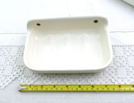 1 Vintage French White Ceramic Wall Mounted Soap Dish, Retro Bathroom Pottery Soap Bar Holder from France, Washroom Accessory