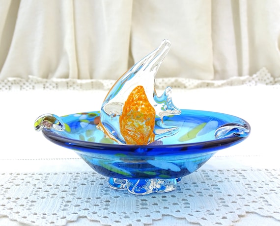 Vintage Art Glass Colorful Blue and Orange Fish Ashtray in the Murano Style, Retro Italian Glassware Fish in Bowl, Hand Made Ornament