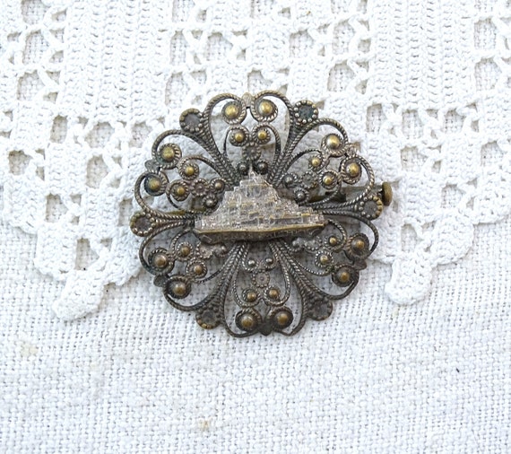 Antique French French Souvenir Brooch from the Mont Saint Michel in Worn Silver Plated Metal Early 1900s, Vintage Pilgrims Religious France