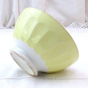 May include: A yellow ceramic bowl with a white rim and a scalloped edge. The bowl is slightly tilted and has a white base.