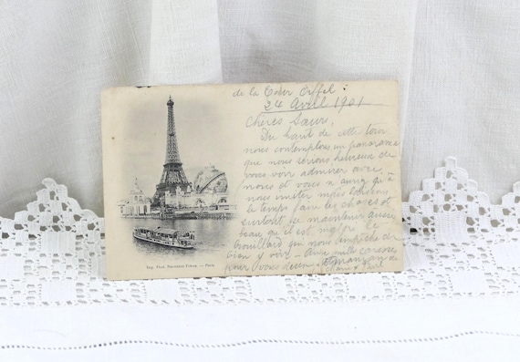 Rare French Antique Postcard of the Eiffel Tower Pisted 1901, Retro Image of Paris with Exhibition River Seine, Image of Parisian Monument