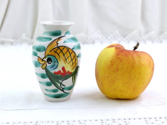 Small Vintage Mid Century Italian Handpainted Vase with Fish Motif, Retro 1950s Pottery Posy Bud Vase from Italy with Sea Themed Design