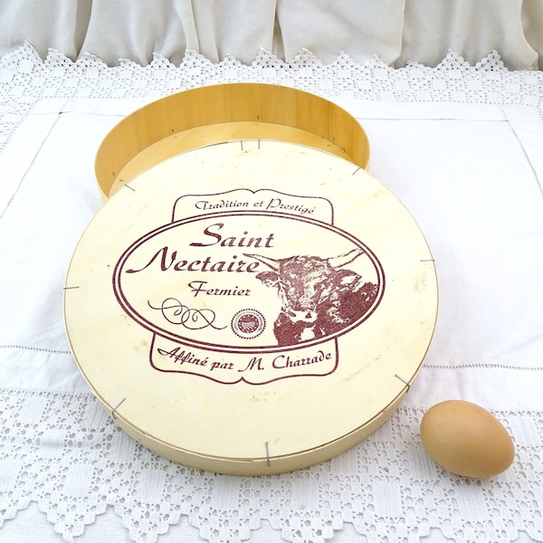 Large Vintage French Round Wooden Cheese Box for Saint Nectaire from Monts Dore, Retro Country Curio Kitchen Storage Container from France