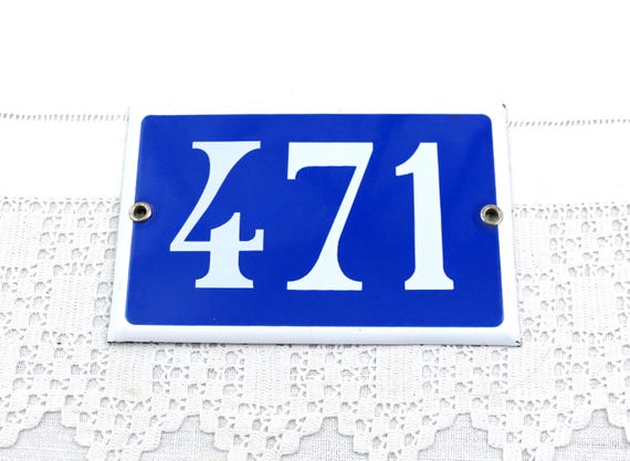 Vintage French Porcelain Enameled Metal House Sign in Blue and White Number 471, Enamelware Street from France, Traditional Address Sign