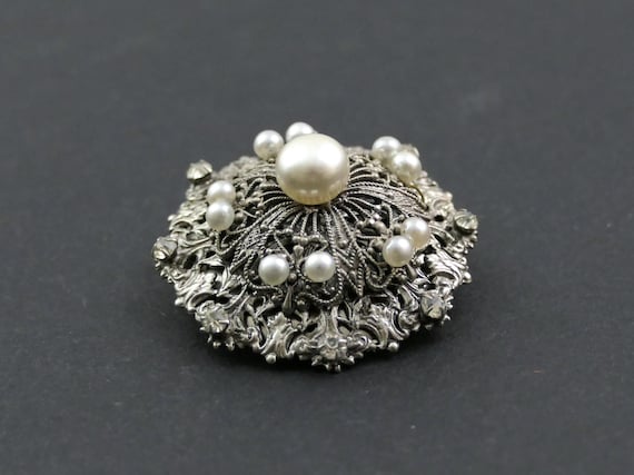Vintage Silver Tone Filigree Style Cluster Brooch with Crystals and Faux Pearls, Retro Mid Century Christmas Pin Jewelry from France