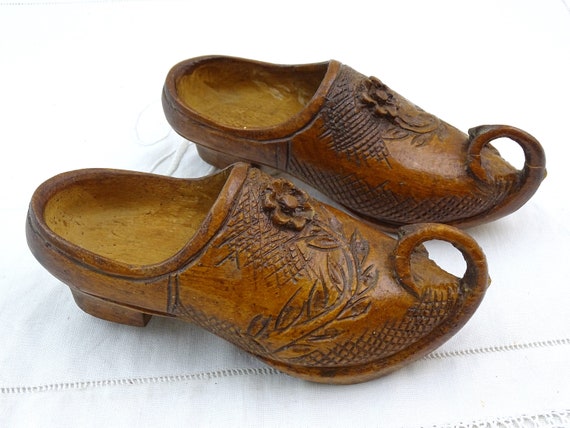 Pair of Vintage French Carved Wooden Clogs used as Wall Pockets, Retro Decorative Unique Country Traditional European Footwear Decor