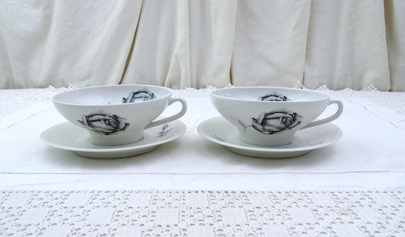 Set of 2 Vintage French Limoges Porcelain Fine China Elegant Cup and Saucer with Black Rose Pattern by Singer, Pair Retro 1990s Tea Party