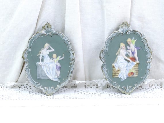 Antique Pair of European Porcelain Wall Plaques, Bisque Relief Classical Lady and Cherub, Rococo Style, Hand Painted Decorative Wall Art