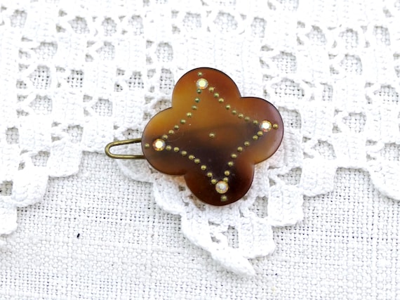 Small Antique 1920s French Carved Horn Hair Slide with Inlayed Crystals, Barrette Natural Material France, Boho Long Hair Clip Accessory