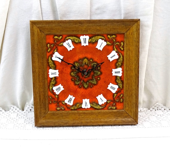 Vintage French Working Square Orange Pottery Tile Wall Clock with Wooden Frame White Roman Numerals, Retro Unique Time Piece from France