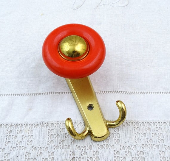 Vintage French Mid Century 1960s Metal and Red Plastic Wall Hook, Retro 60s Space Saver Wall Coat Hanger Clothes Storage France, MCM Home