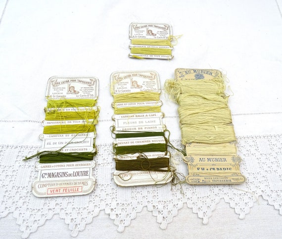 Antique French Lot of 3 Card of Embroidery Silks from Grand Magasins du Louvres in Greens and Beiges Plus a Small Card, Retro Craft France