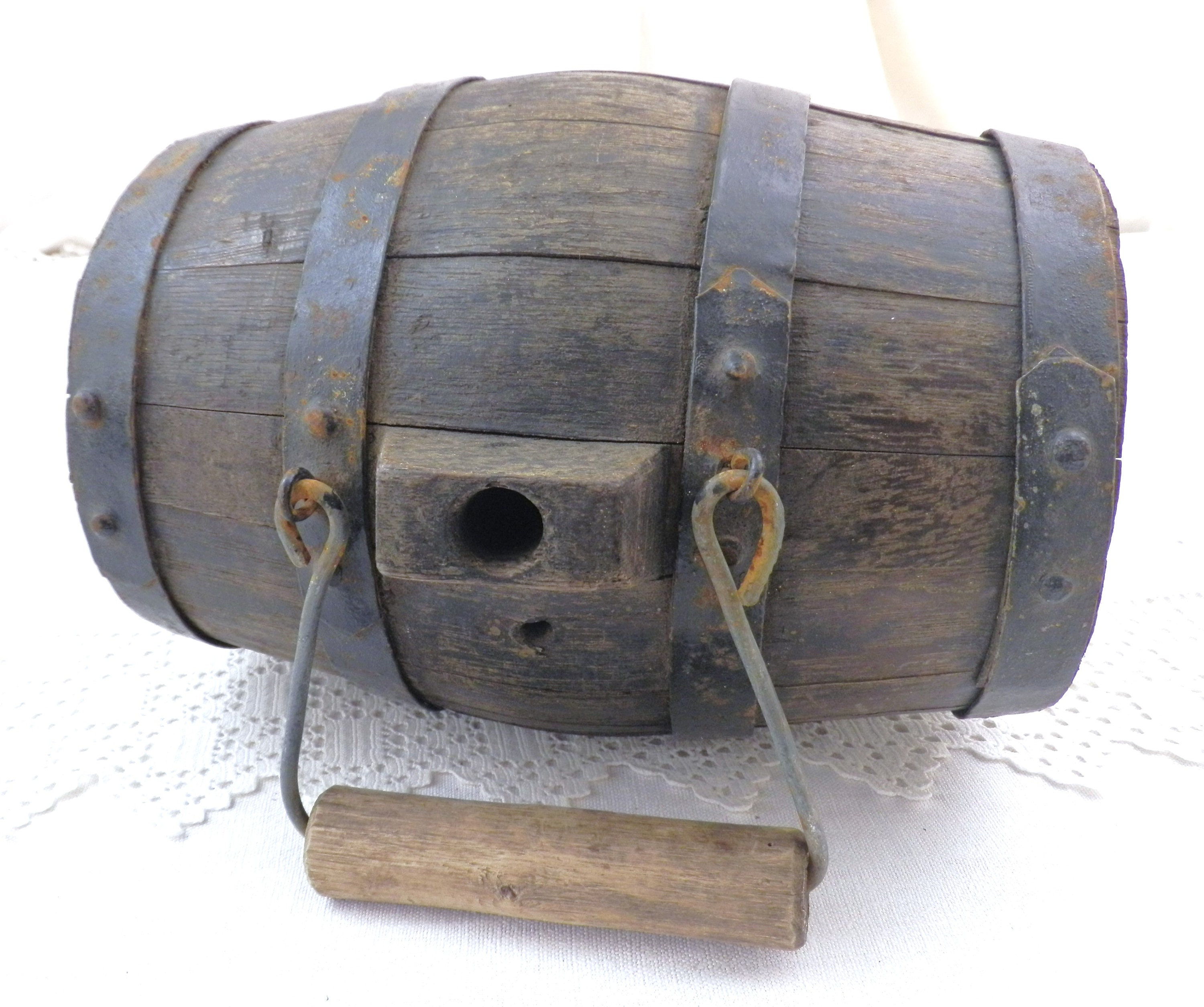 Small French Antique Wooden Wine Barrel with Carrying Handle, Vintage Calvados Oak Keg from