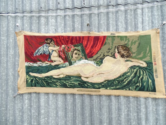 Large Long Vintage French Completed Embroidered Canvas Tapestry of The Rokeby Venus by Diego Vélasquez, Retro Sowing Hobby Wall Art France