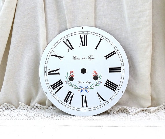 Large Vintage French New Old Stock Porcelain Enamel Round Clock Face in White Roman Numerals, Retro Unused Grandfather Clock Part France