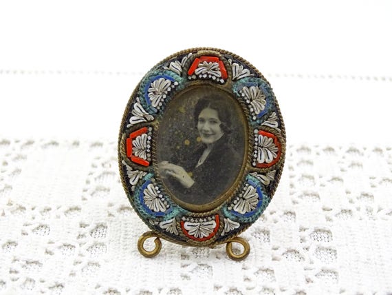 Tiny Antique Italian Micro Mosaic Photo Portrait Frame with Black and White Picture of Woman, Vintage Collectible Frame from Italy