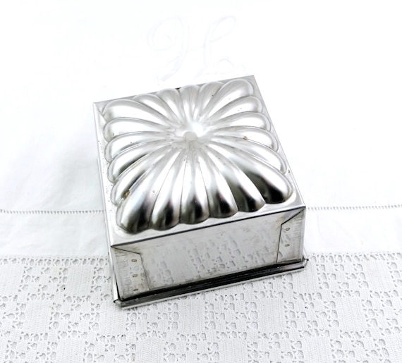 French Antique Ice Cream Mold, Square Pressed Metal Cake Mould from France, Chateau Chic Baking Kitchen Accessory, Toleware Metal Home Decor