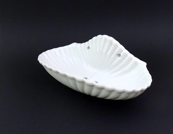 Large Antique French White Ceramic Scalloped Oval Wall Mounted Soap Bar Holder, Vintage Bathroom Soap Dish Shabby Chateau Chic  France