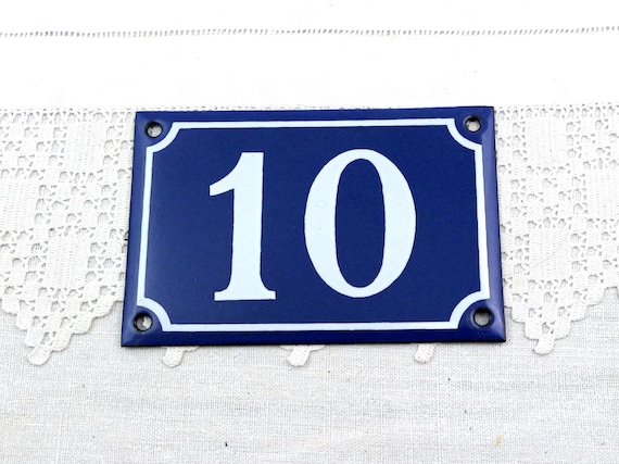 Vintage French Unused Enamelware Metal House Number 10 Blue and White,  Retro Traditional Old Style Address Street Sign France