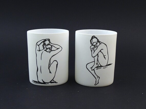 2 Vintage French White Frosted Crystal Glass Drinking Tumblers with Black Sketched Nudes,  Delicate Glasses with Artistic Womans Bodies