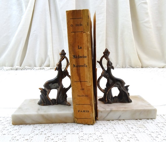 Vintage French Art Deco Bookends with Metal Deer Eating Grapes on White Marble Base, Retro 1930 Office Library Book Accessory from France