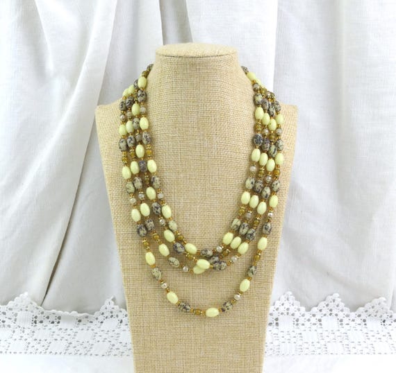 Vintage French 1950s Quadruple Strand Bead Necklace, Mid Century Jewelry from France, Retro Necklace 4 Strands of Yellow Beige Glass Beads