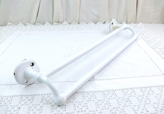 Large Antique Double French Vintage White Porcelain Enameled Bathroom Towel Rack, Retro Shabby Chateau Chic Bathroom Accessory from France