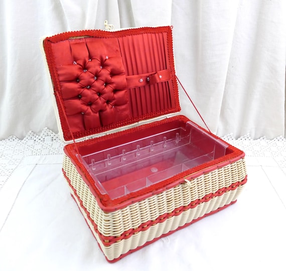 Vintage Mid Century Woven Beige and Red Vinyl Sewing Box with Removable Interior Compartment, Retro 1950s 1960s Craft Storage Czechoslovakia