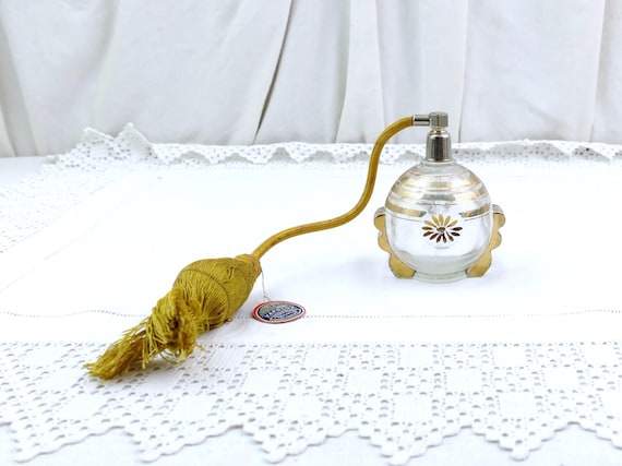 Vintage French Art Deco Glass Unused Working Perfume Atomizer Vapolux Kitzinger Freres from Paris Gold Decoration, Retro 1930s Scent