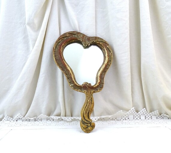 Antique French Rococo Style Large Shabby Hand Held Mirror with Worn Gilded Frame, Large Vintage Victorian Looking Glass with Baroque Decor