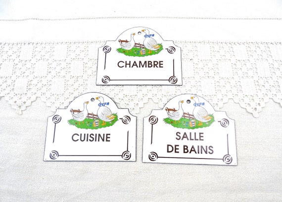 Set of 3 Vintage French Enameled Door Plaques for Kitchen Bathroom and Bedroom Illustrated with 2 Geese, Retro Home Interior Room Plates