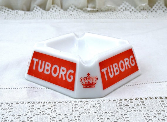 Vintage Danish Tuborg Beer Promotional Square Ashtray made of White Milk Glass with Red Lettering, Retro Smoking Accessory from France