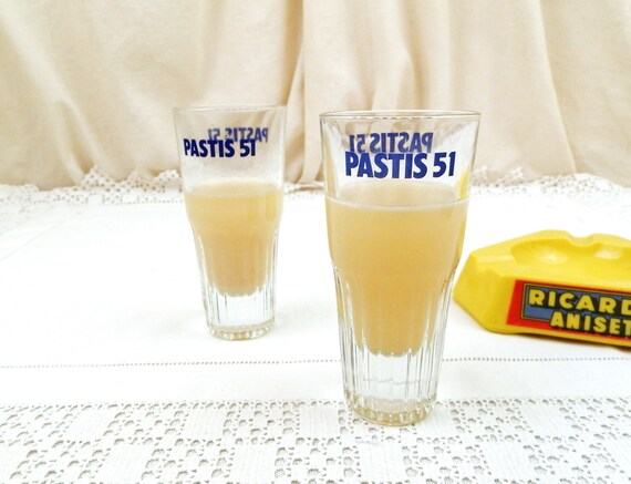 2 Vintage French Pastis 51 Glasses, Pair Retro Pernod Ricard Mominette Clear Glass Anisette Aperitif Drinkware from France, European Barware
