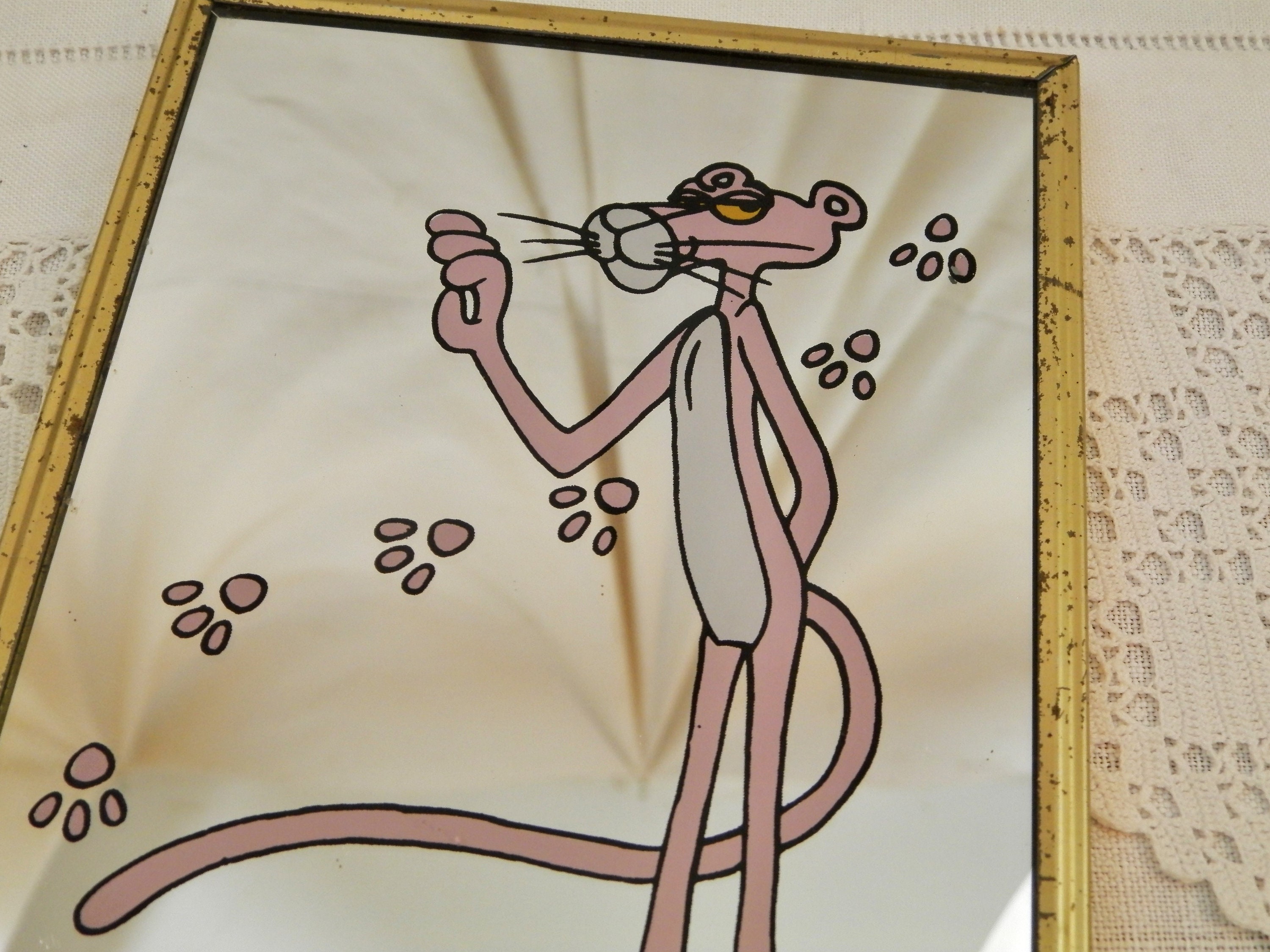 Small Vintage 1970s Wall Hanging Pink Panther Mirror, Retro