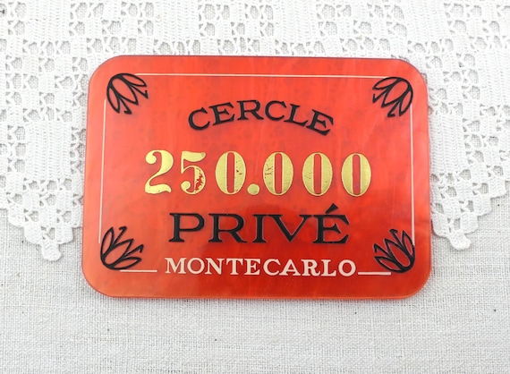 1 Large Vintage French Monte Carlo Casino Rectangular Red Lucite 250000 Plaque for Cercle Privé, Retro Baccarat Marker Gaming Decor