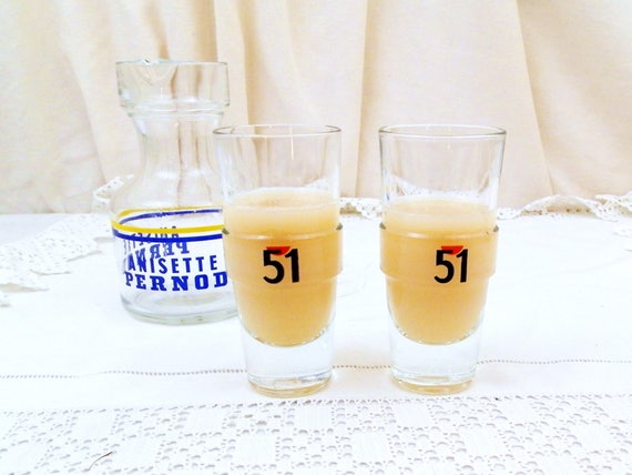 2 Vintage French Pastis 51 Glasses, Pair French Aperitif Glasses, Pernod Ricard Drinks Glass, Traditional Provencal Drinksware from France
