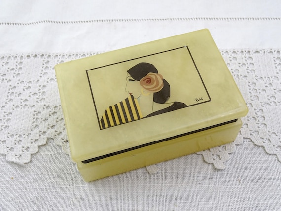 Vintage 1980s Italian Rectangular Alabaster Trinket Box, Retro Jewelry Stone Container from Italy, Pale Colored Rock Home Decor