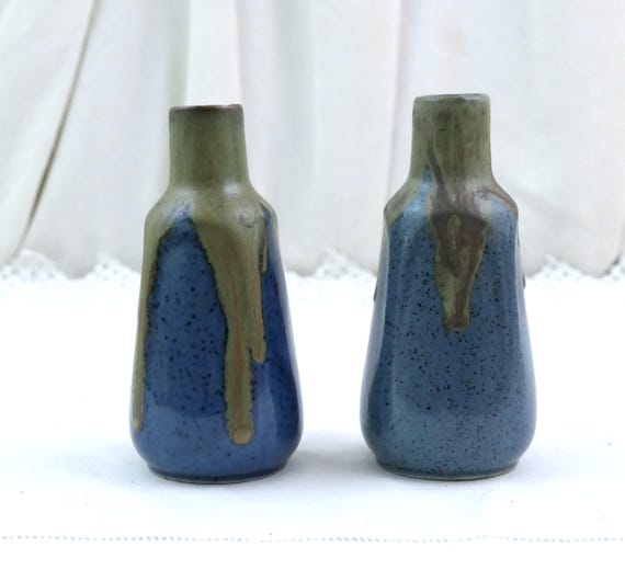Pair of Antique Denbac Art Nouveau Ceramic Bud Vases Hand-Glazed Blue & Earth Tones, 2 Small Vintage Victorian Matching Studio Pottery Vases
