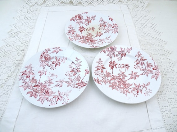 Set of 3 French Antique Round Plates with Red Vine Leaf Pattern by Longchamp, Vintage Country Brocante Farmhouse Wall Decor from France