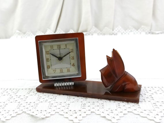 Antique French French Art Deco Root Beer Bakelite Alarm Clock with Scottie Dog By Bayard, Retro 1930s Time Piece Scotch Terrier from France
