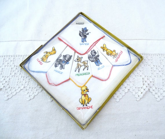 7 Vintage 1970s Swiss Tissgar Boxed Unused Cotton Pocket Handkerchiefs with Embroidered Stylized Animals Pattern 1 for Each Day of the Week