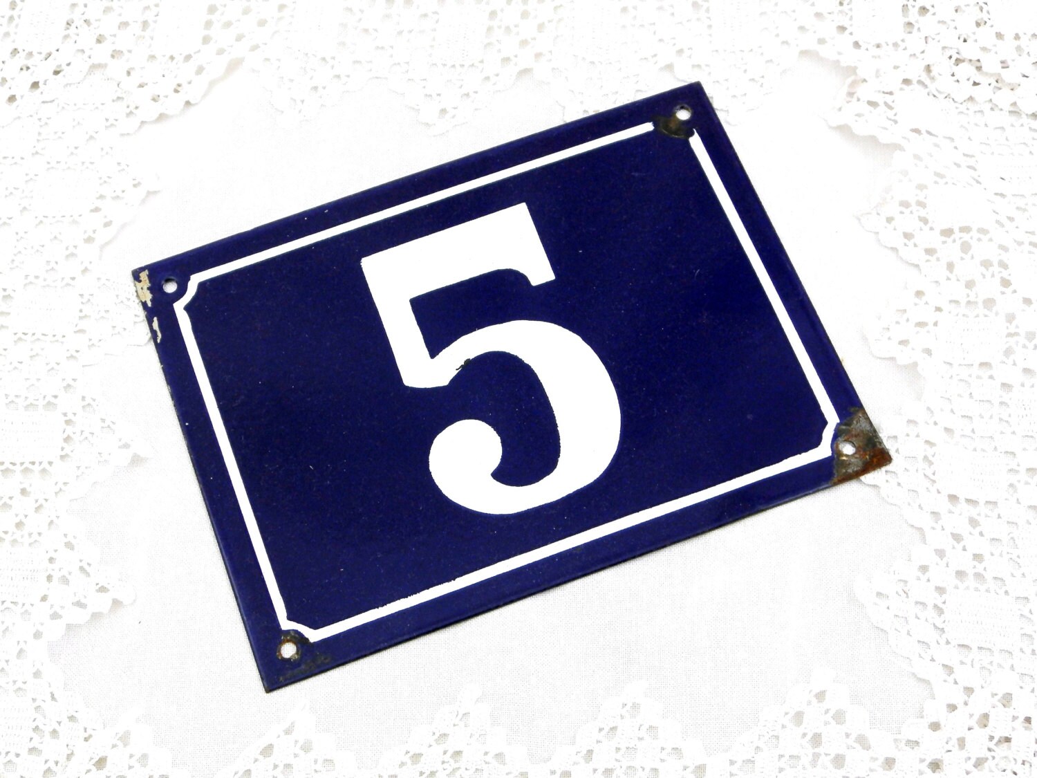 Large Vintage Traditional French Enamel House Number Plate Number 5