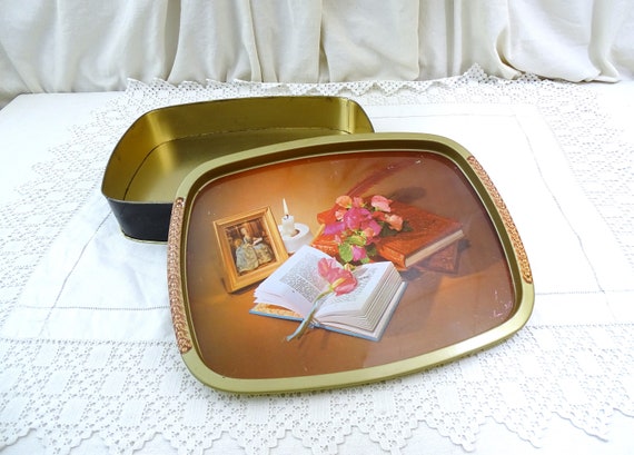 Large Vintage Metal Cookie Tin Box with Lid that Doubles as Tray Decorated with Romantic Scene Made in Belgium, Tea Party Storage Accessory
