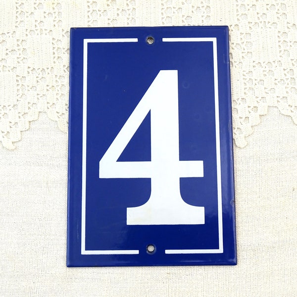 Vintage French Porcelain Enameled Metal House Sign in Blue and White Number 4, Enamelware Traditional Street Home Address from France