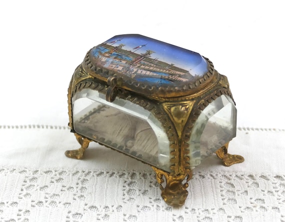Antique Thick Beveled Glass Trinket Box with Image of Alexandre III Bridge Paris , Vintage Parisian Style Ormolu Casket Jewelry Box France