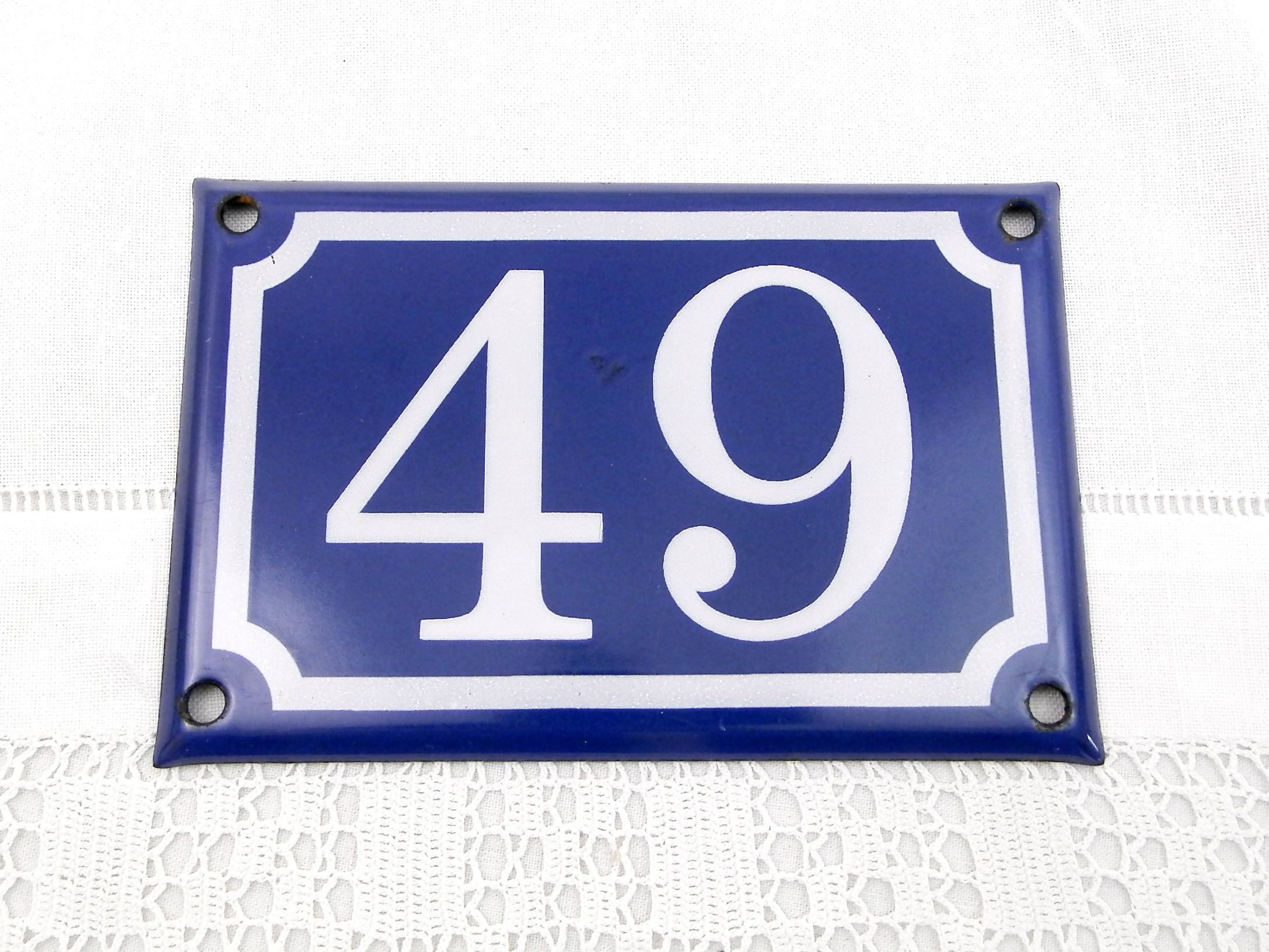 Blue and White French Enamel Metal Number Plaque 49, Vintage French