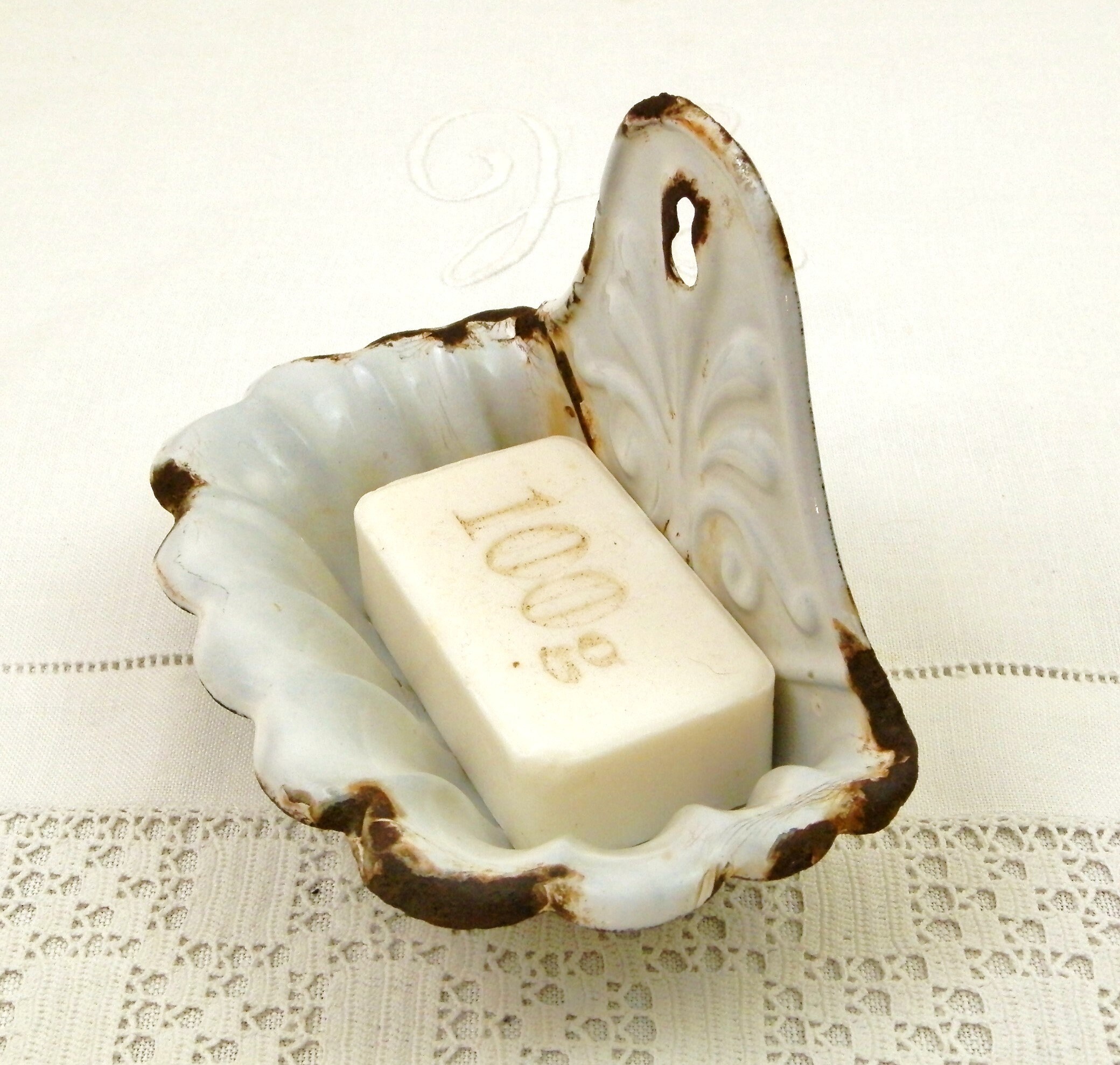 Antique French Wall Hanging Chippy White Porcelain Enamel Soap Dish