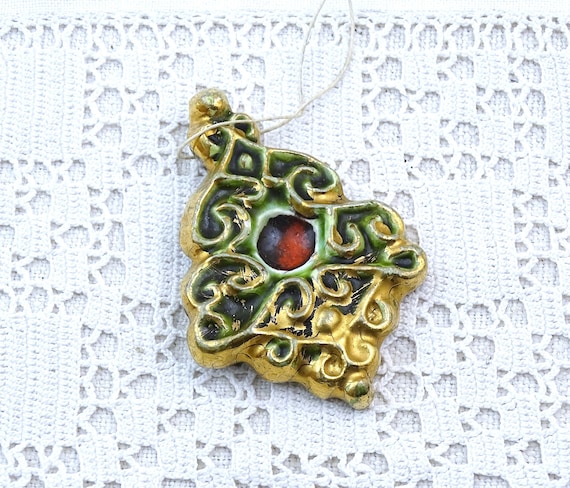 Vintage French Vallauris Ceramic Christmas Decoration with Gold on Green by VTT, Retro Pottery Pendant made in France, Rare Unique Ornament