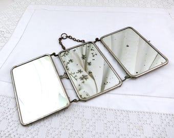 Small Antique French Folding Triptych Distressed Mirror, Vintage Barbers 3 Piece Hanging Looking Glass  France, Retro Shaving Beard Bathroom