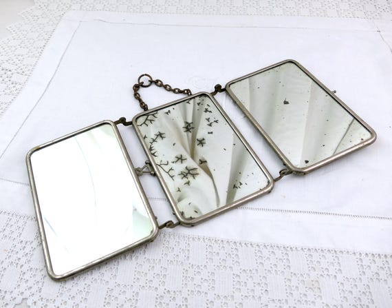 Small Antique French Folding Triptych Distressed Mirror, Vintage Barbers 3 Piece Hanging Looking Glass  France, Retro Shaving Beard Bathroom
